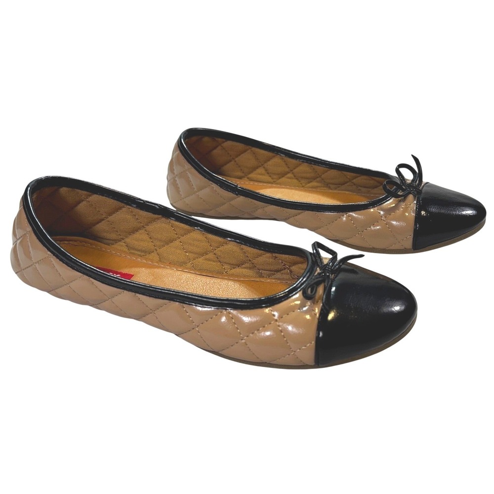 Unionbay Ballet Flats Size 9‎ Tan Black Quilted Cap Toe Bow Accent Classic